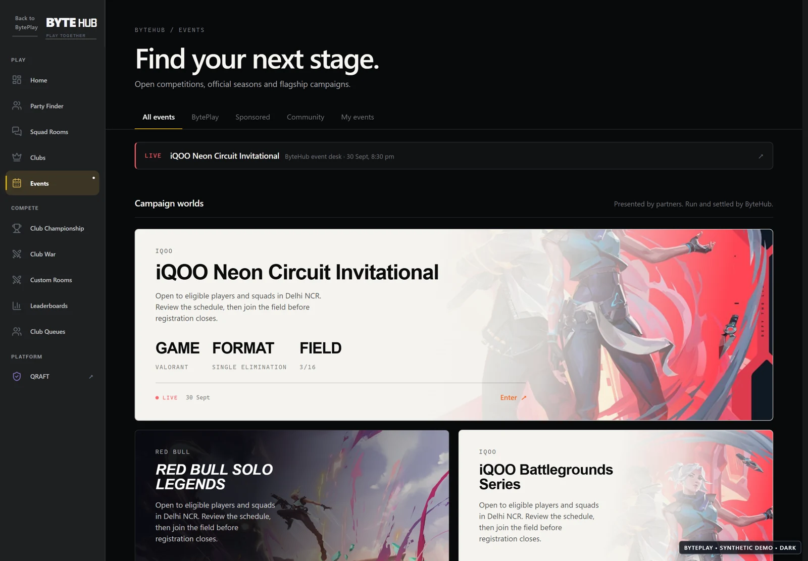 A stage for every squad. Synthetic ByteHub demo