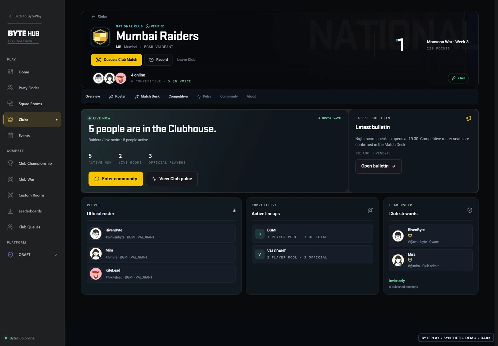 Your Club. Your home. Synthetic ByteHub demo