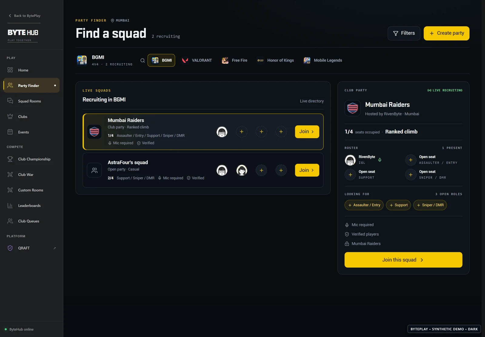 Find your next team. Synthetic ByteHub demo