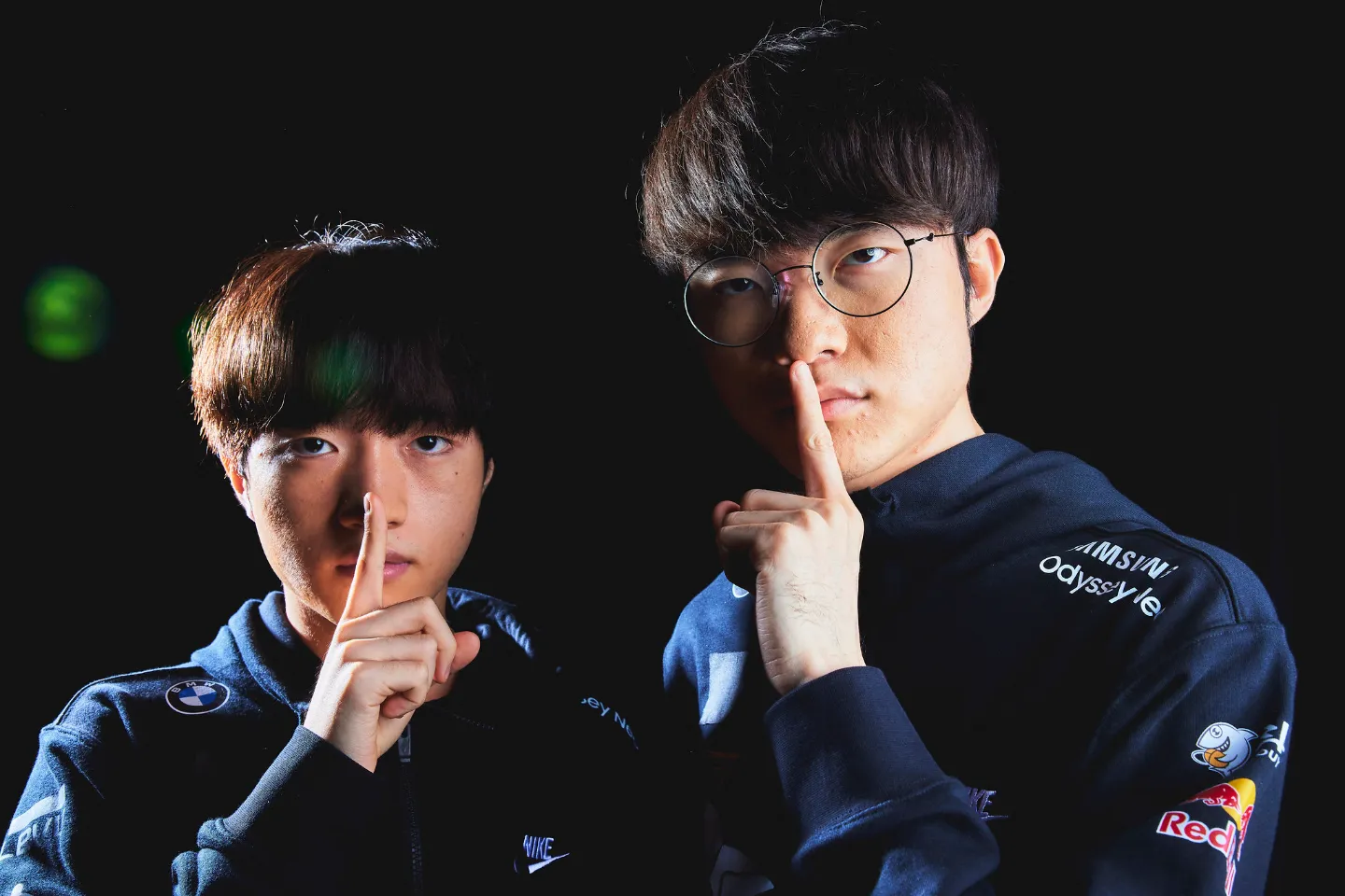 Keria & Faker of T1 pose at the League of Legends World Championship Finals, 2022