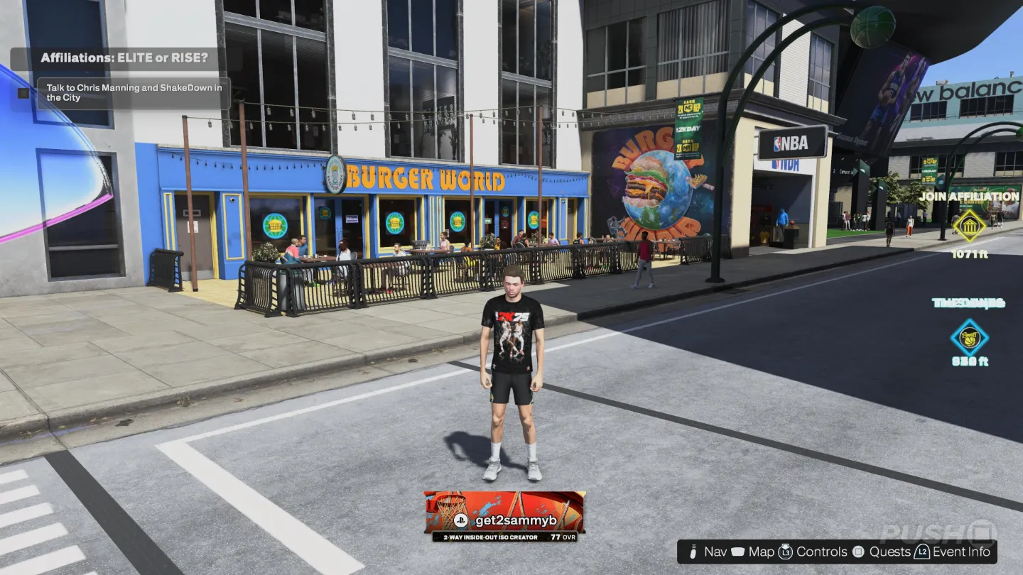 Player avatar standing inside The City in NBA 2K25, a hub used by MyCAREER