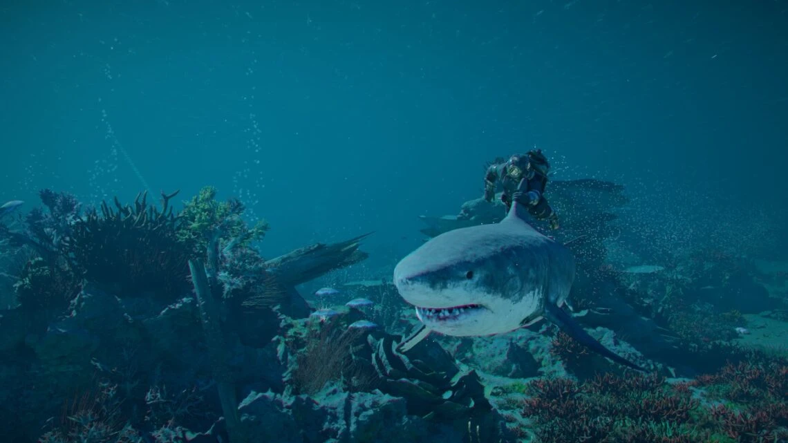 Crimson Desert Charting the Unknown DLC screenshot showing ocean wildlife and a character riding a large shark