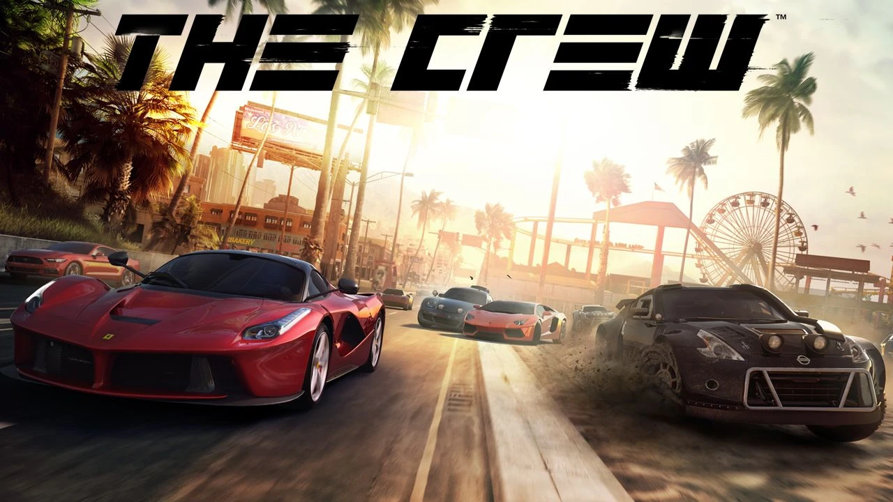 The Crew 2014 promotional racing gameplay image with cars driving past palm trees