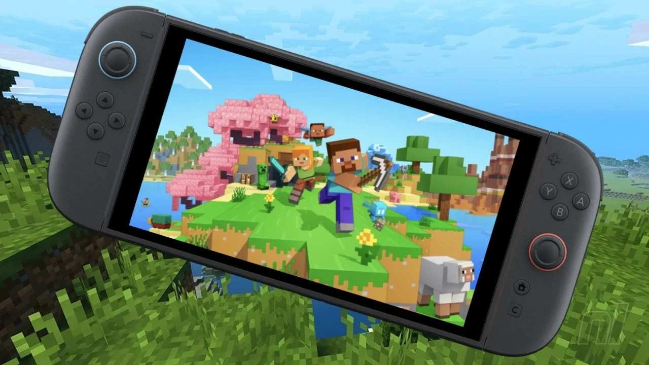 Minecraft promotional image displayed on the Nintendo Switch 2 handheld