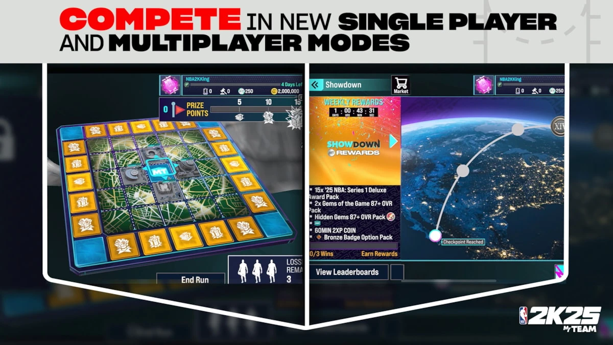 NBA 2K25 MyTEAM official interface promotional illustration showing the board and Showdown modes