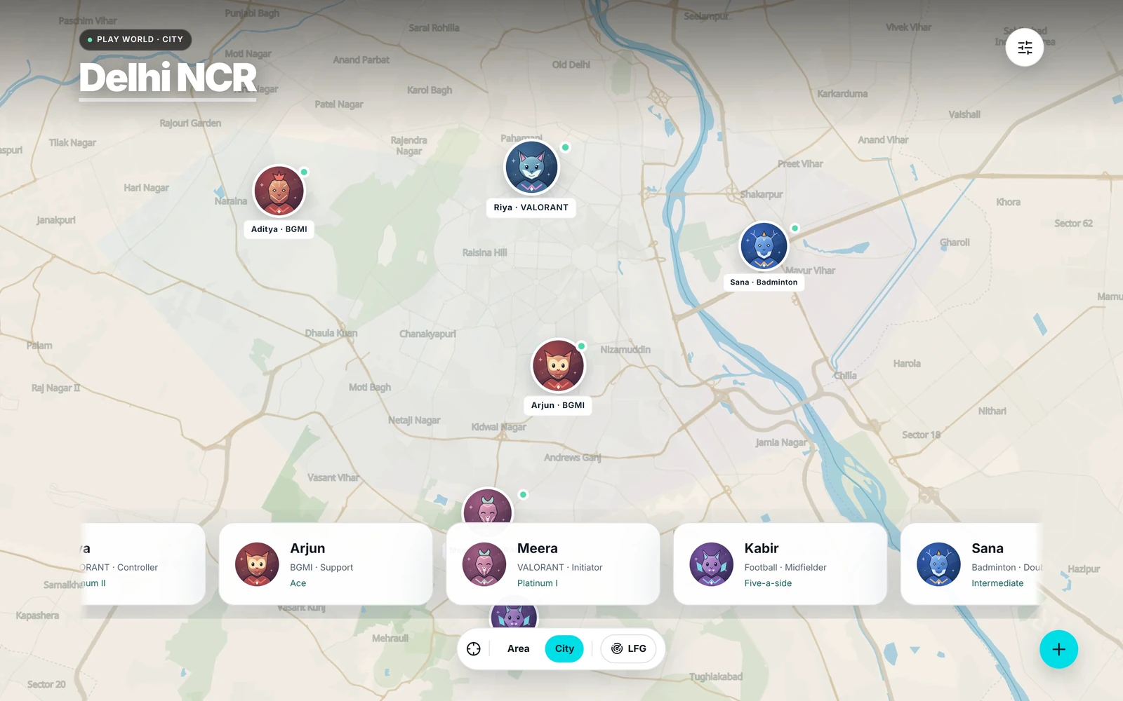 Delhi NCR map with BytePlay player portraits
