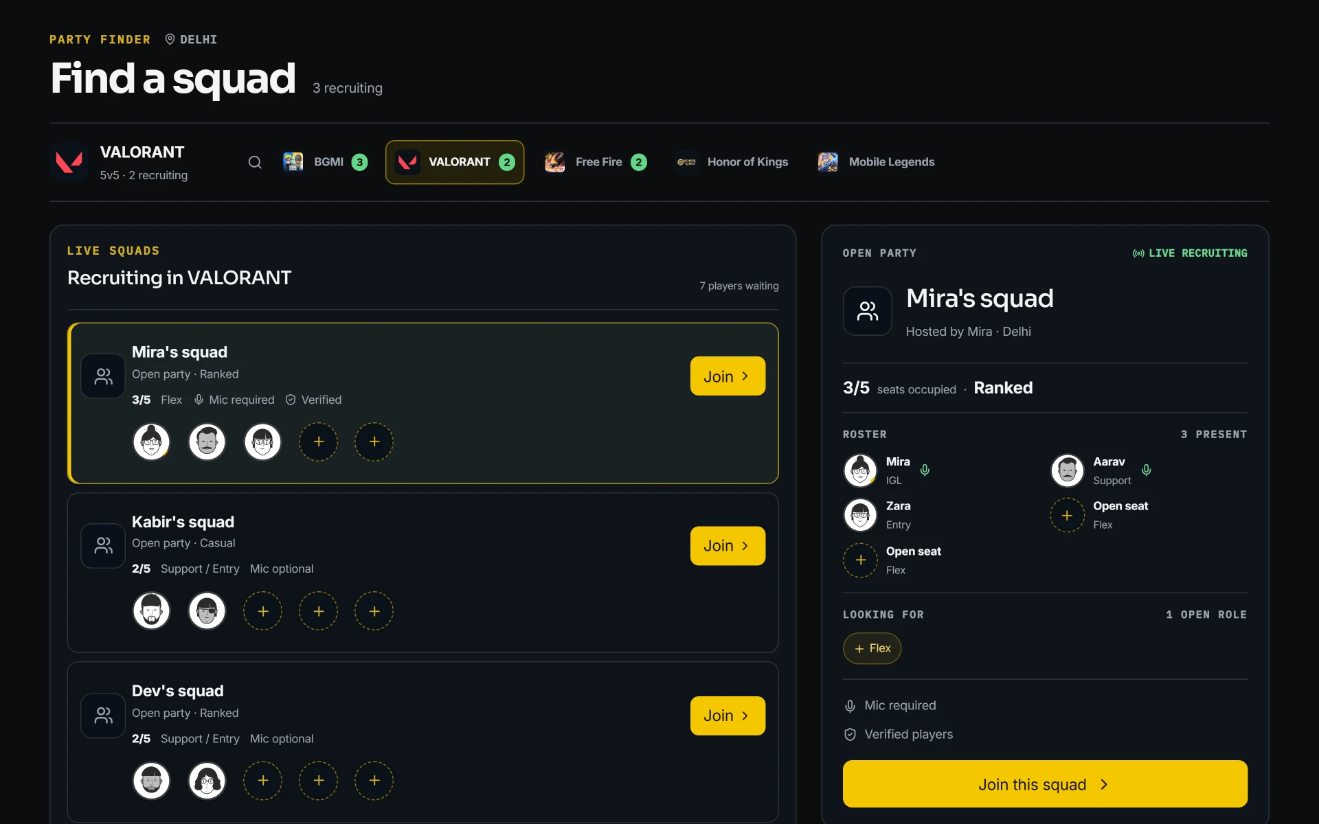 Party Finder and Squad Rooms product view